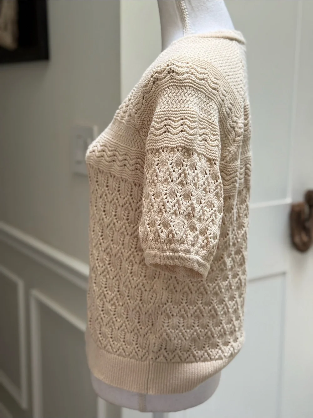 Boden Elodie Stitch Crew Cardigan K1098 Cotton Pointelle Knit Lace Cream M Top